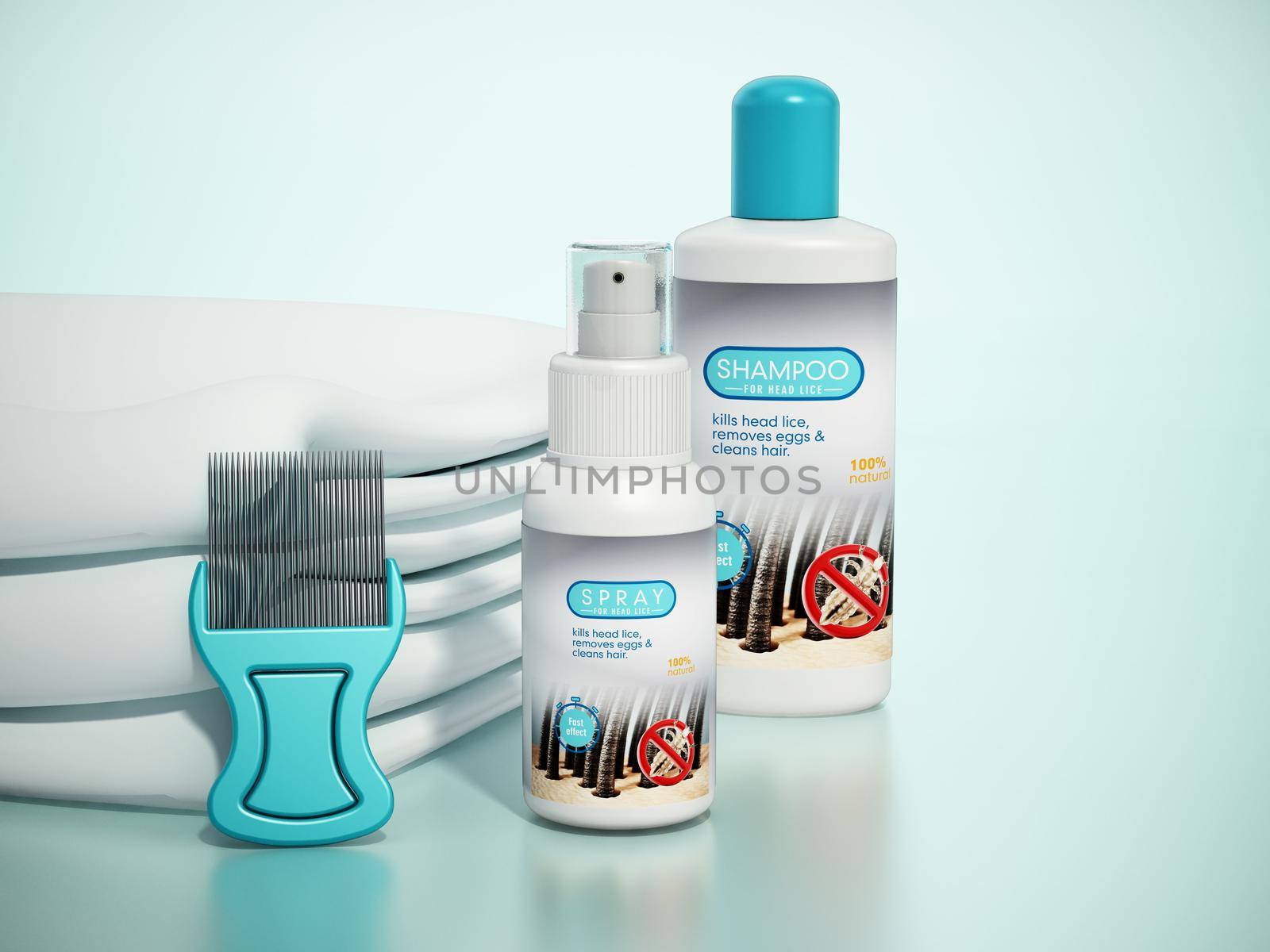 Hair lice shampoo, spray, metal lice and towel. 3D illustration by Simsek