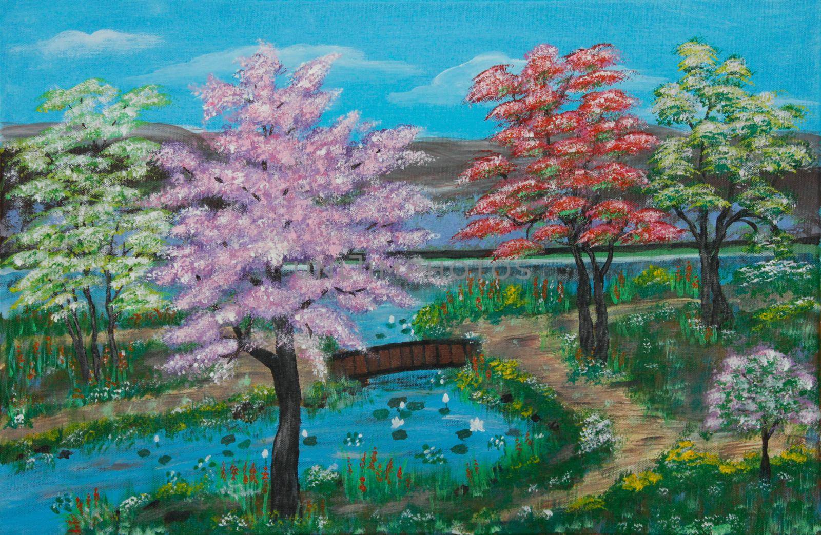 Flowering Trees along the River at Springtime with mountains in background