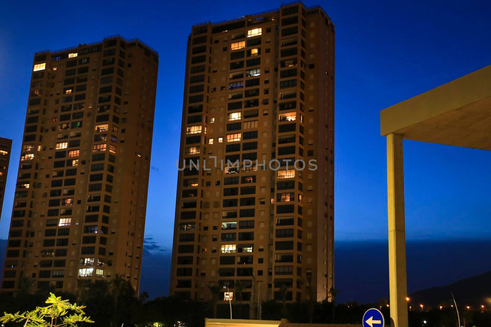 Benidorm, Alicante, Spain- September 11, 2022: Modern architecture buildings on the Poniente Beach Area in Benidorm at night