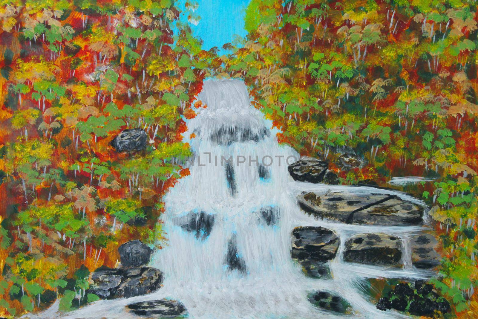 Canvas Oil painting of waterfall surrounded by colorful autumn leaves