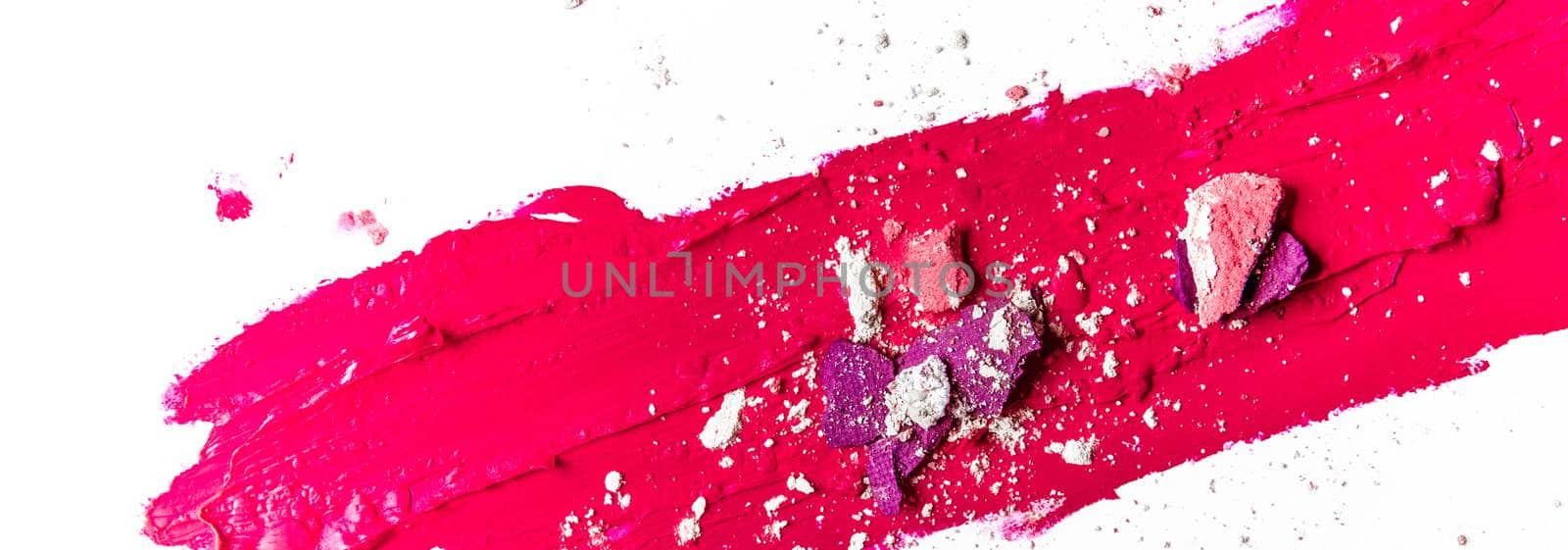 Beauty texture, cosmetic product and art of make-up concept - Artistic lipstick smudge and eyeshadow close-up isolated on white background