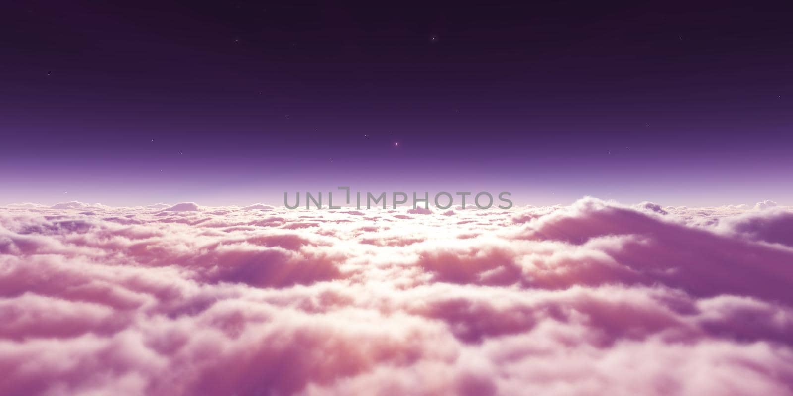 dream fly above clouds ray light, 3d rendering illustration