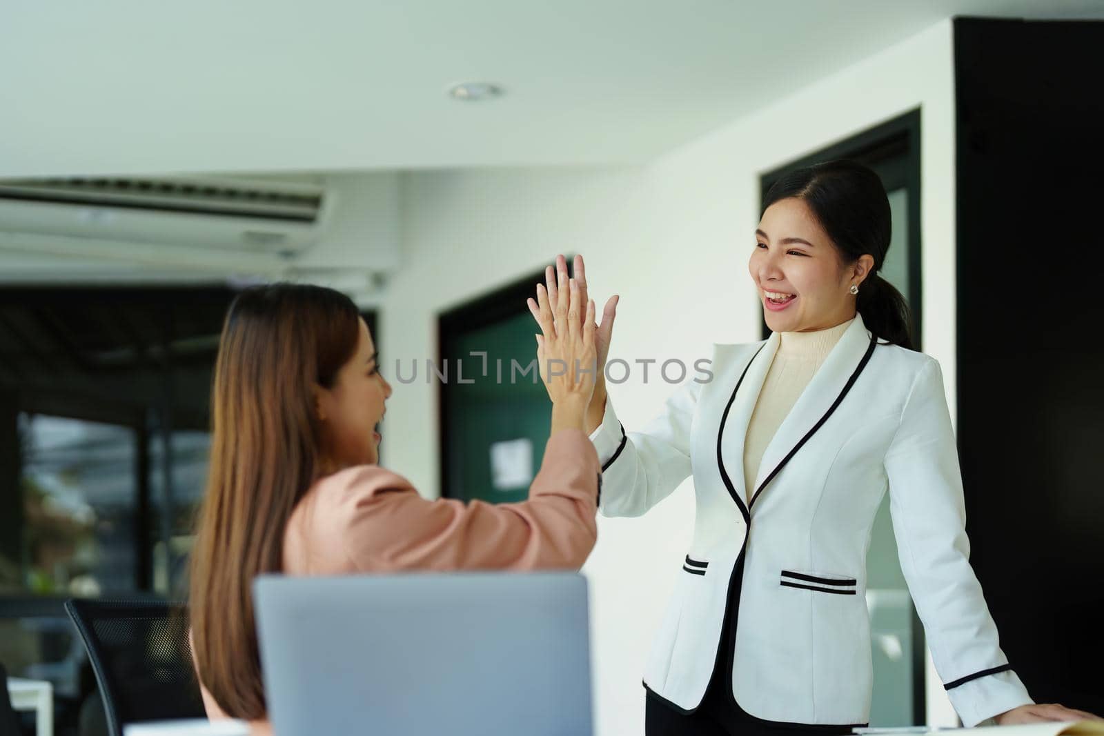 two female employees posing together after sales hit their targets. by Manastrong