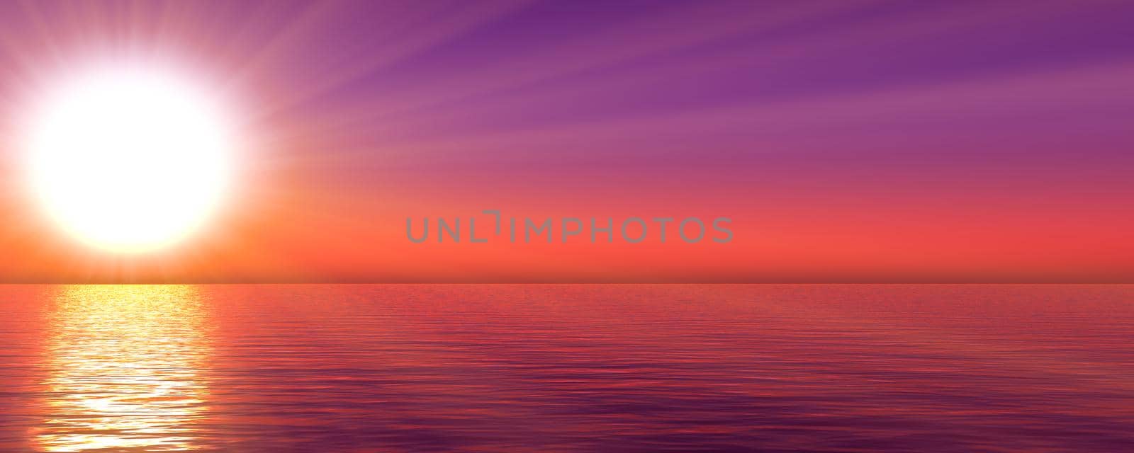 sunset sea sun ray clear sky, 3d rendering illustration