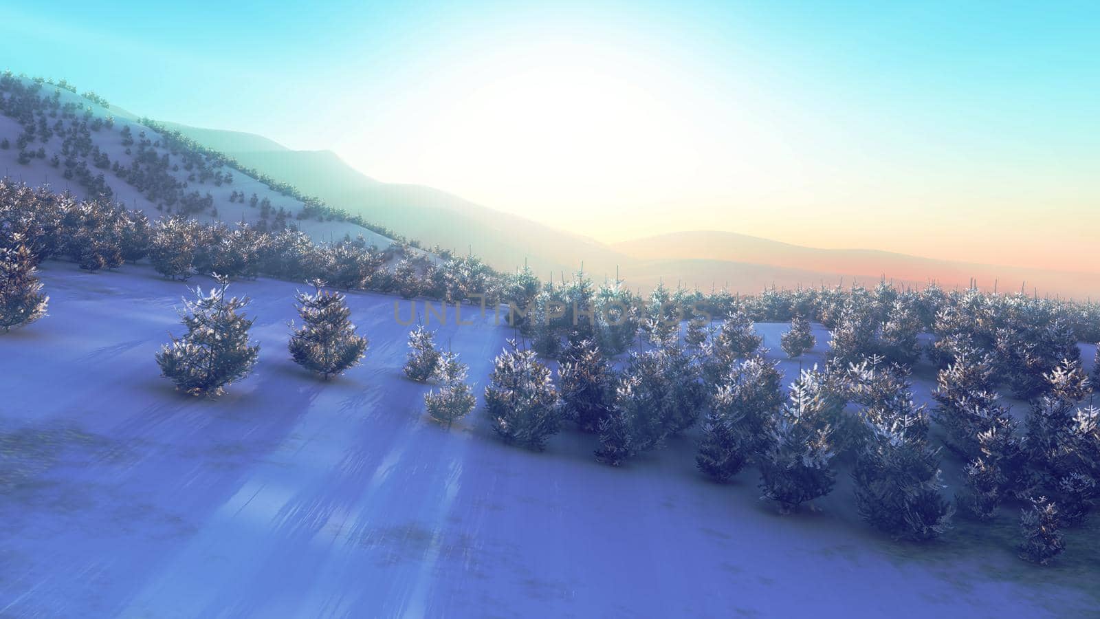 above winter forest mountain sunset 3D rendering illustration