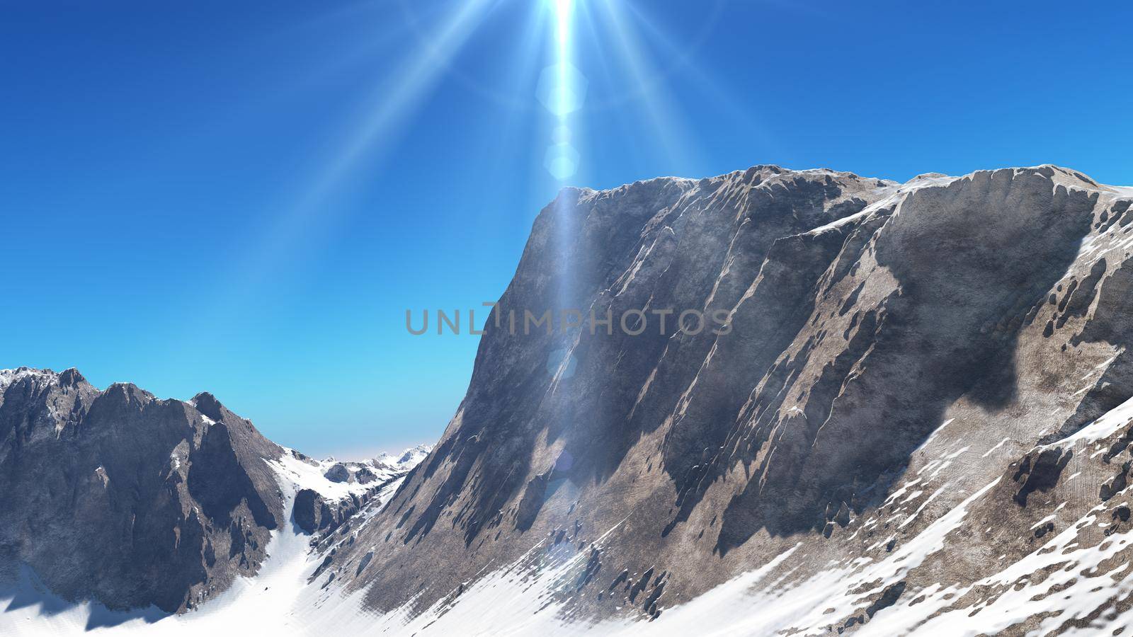 mountain snow sun ray illustration, 3d rendering