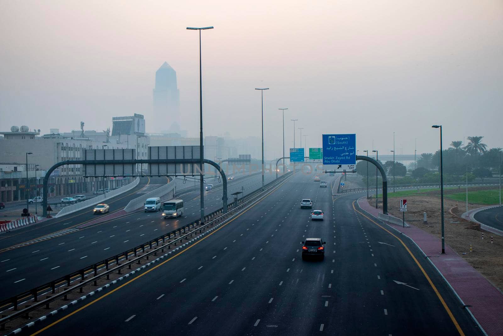 Foggy morning in Dubai city. UAE.