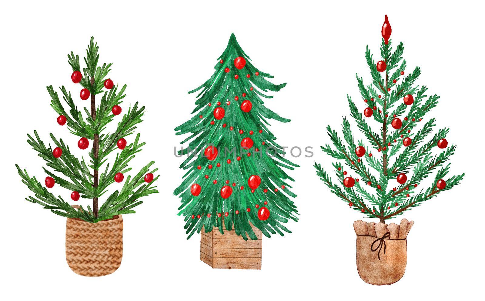 Watercolor hand drawn pine Christmas trees with red ornaments in beige brown scandinavian containers, basket wood crate. Winter holiday spruce fir tree design in nordic minimalist cozy interior trendy style