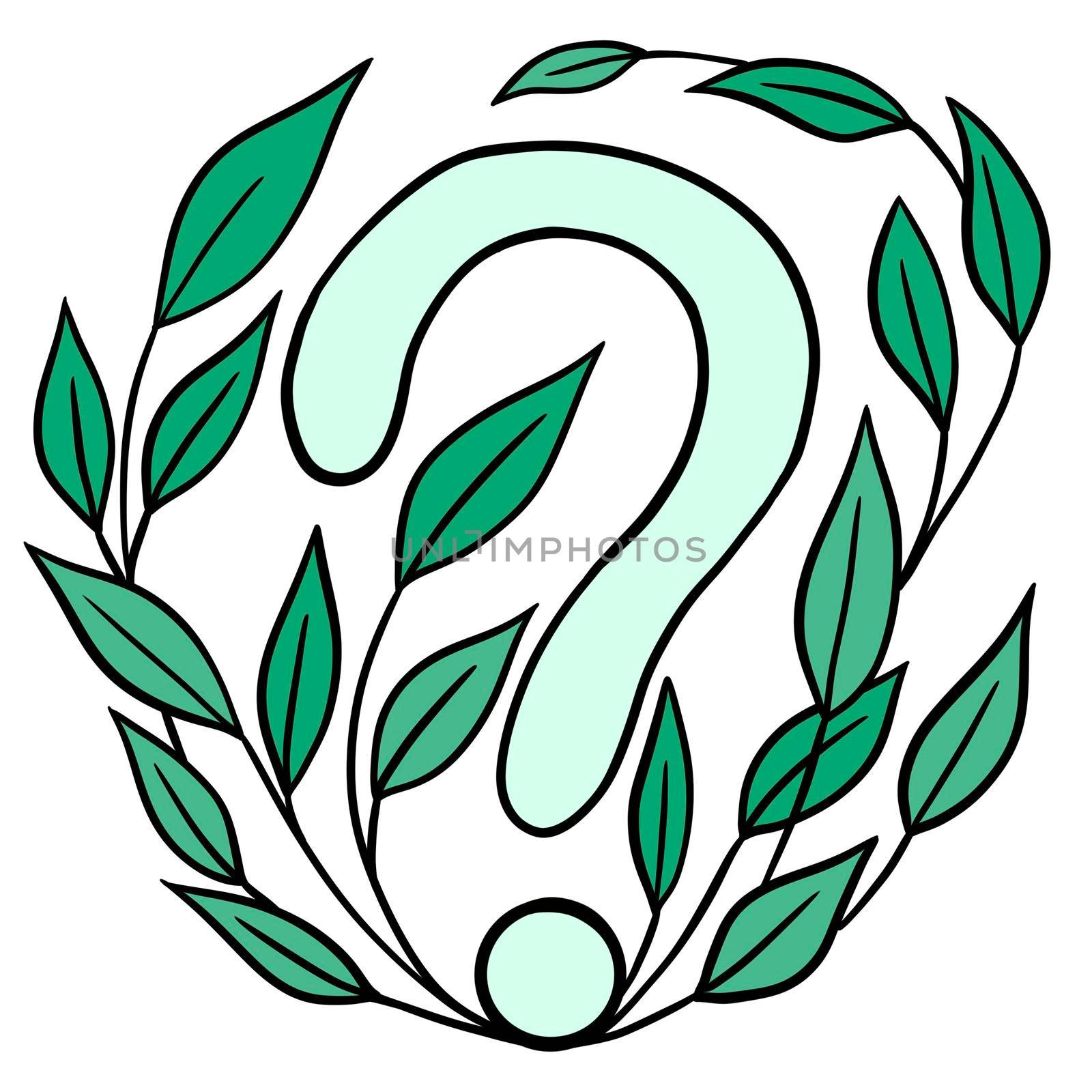 Hand drawn illustration of question mark with leaves flowers nature elements. Why concept for ecology environment environmental causes. Simple minimalist design with black line outline silhouette, spring summer print. by Lagmar