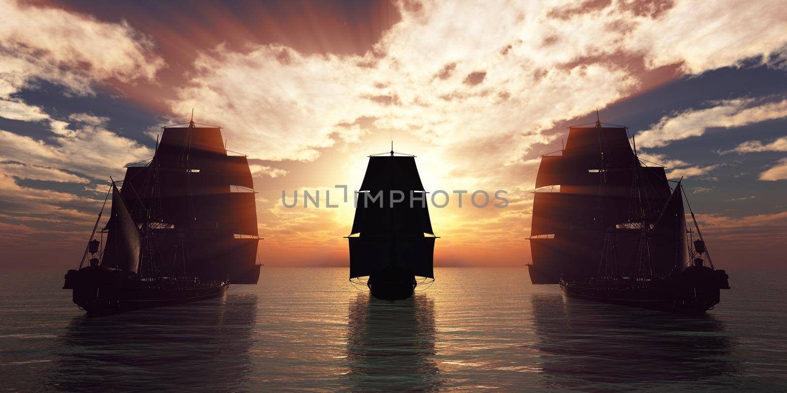 old three ships sunset at sea, 3d rendering illustration