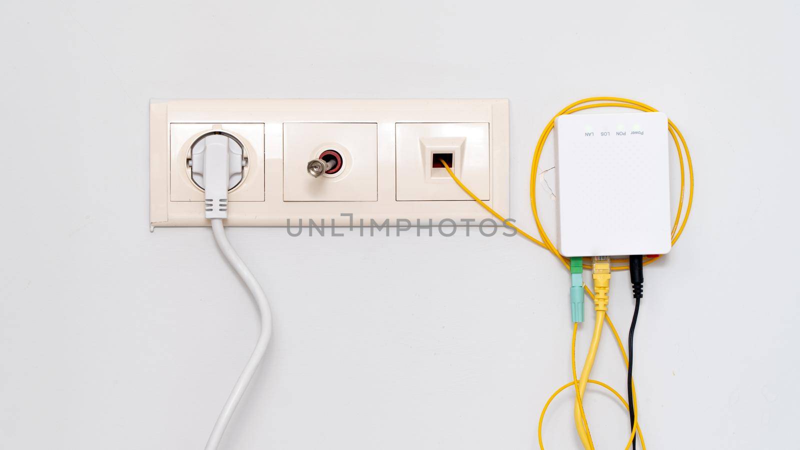 Wires, sockets, cable and internet router by voktybre