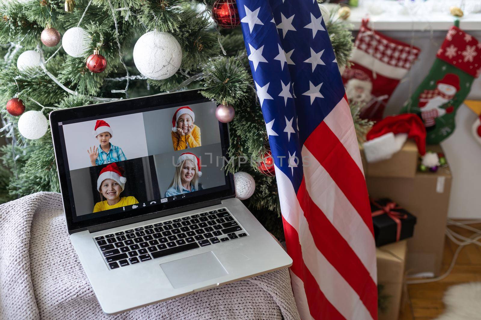 Studying and working with a laptop, usa flag, christmas by Andelov13