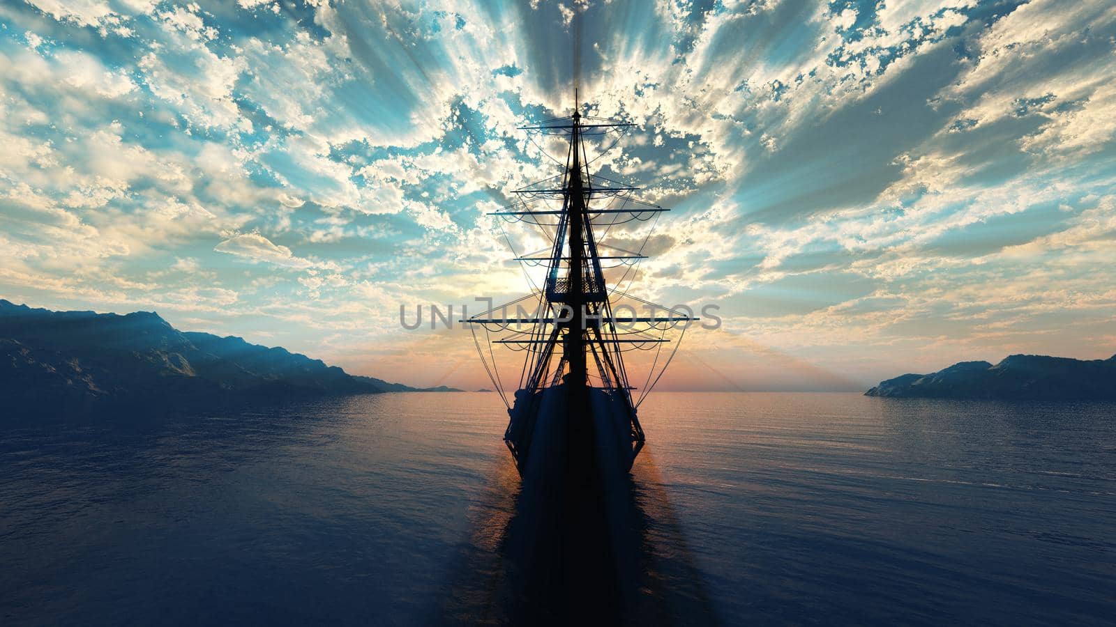 old ship sunset at sea 3d rendering by alex_nako