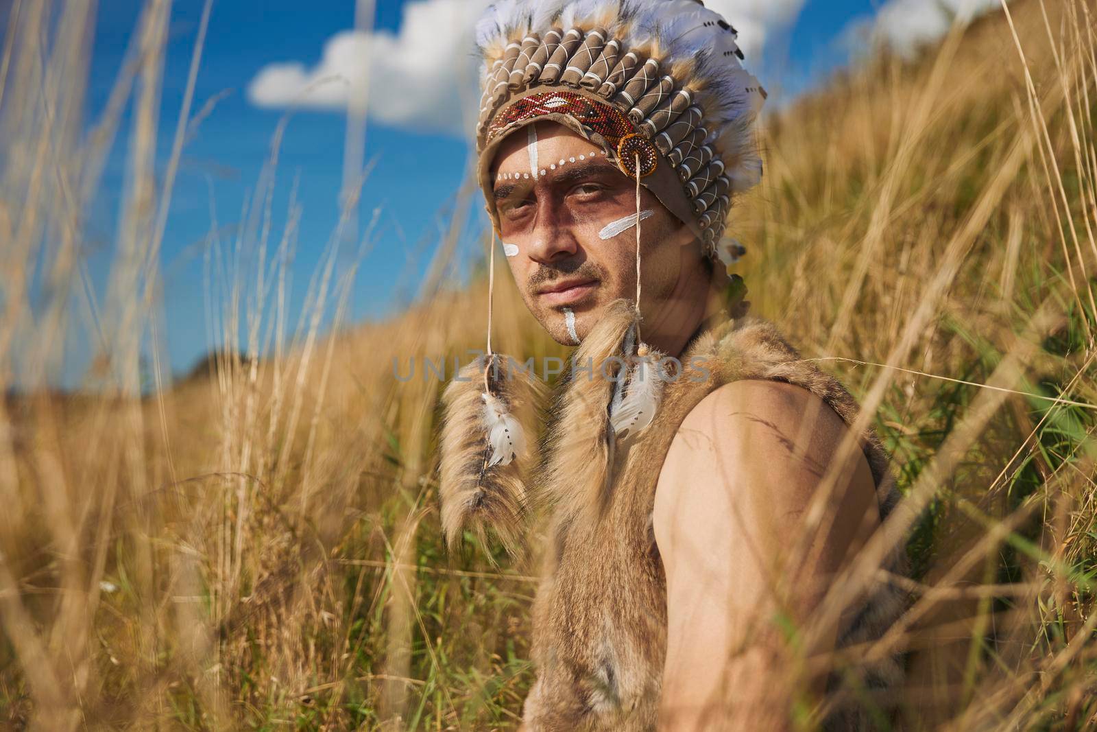 A man in traditional Native American clothing in the steppe.