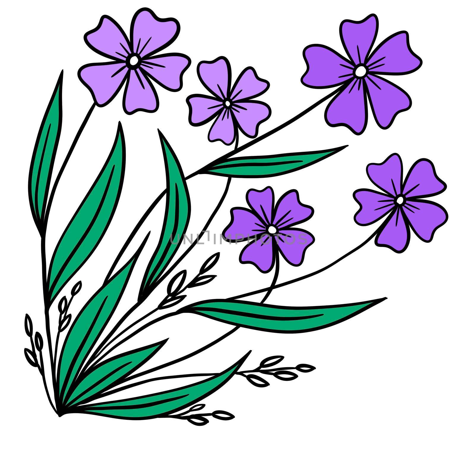 Hand drawn floral bouquet with purple flowers green leaves, corner composition. Garden wild flowers periwinkle, elegant simple minimalist design, sketch bloom plant herb, outdoor nature. by Lagmar