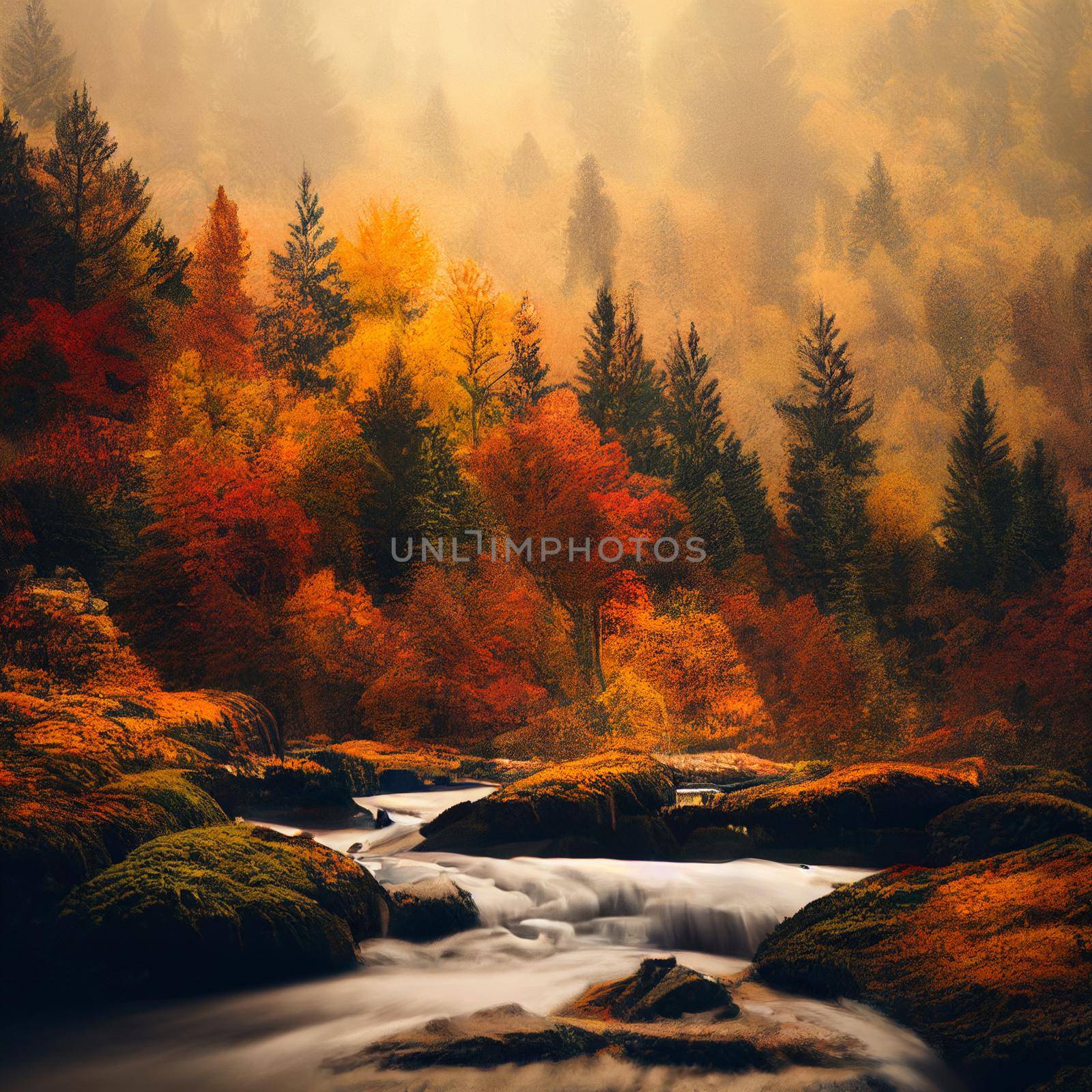 Illustration of a Autumn forest in the mountains