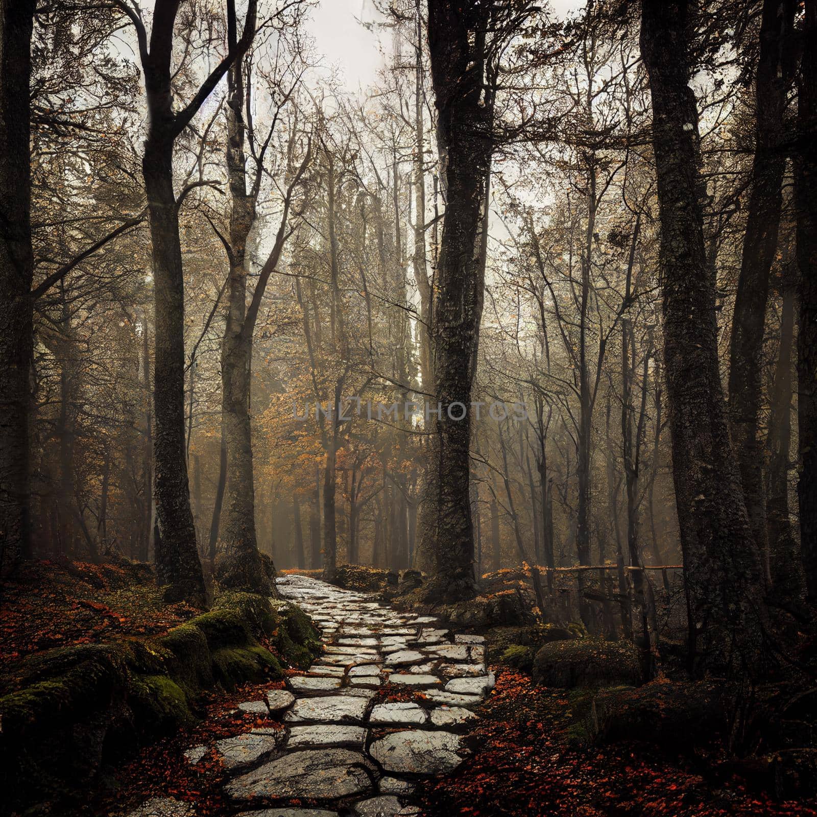 Gloomy autumn forest with fallen leaves by NeuroSky