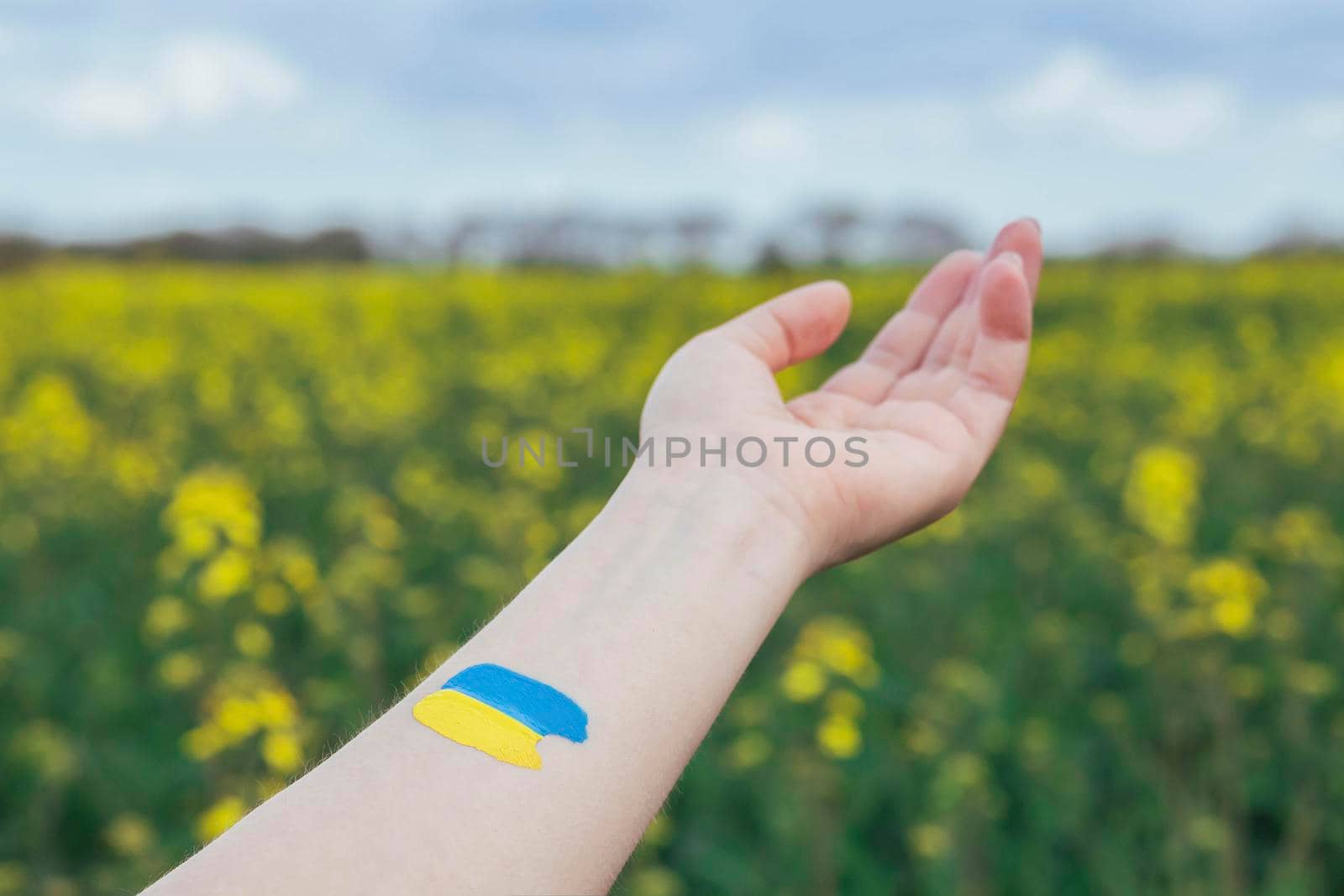 Woman with Ukrainian flag on her hand in a field with flowers.