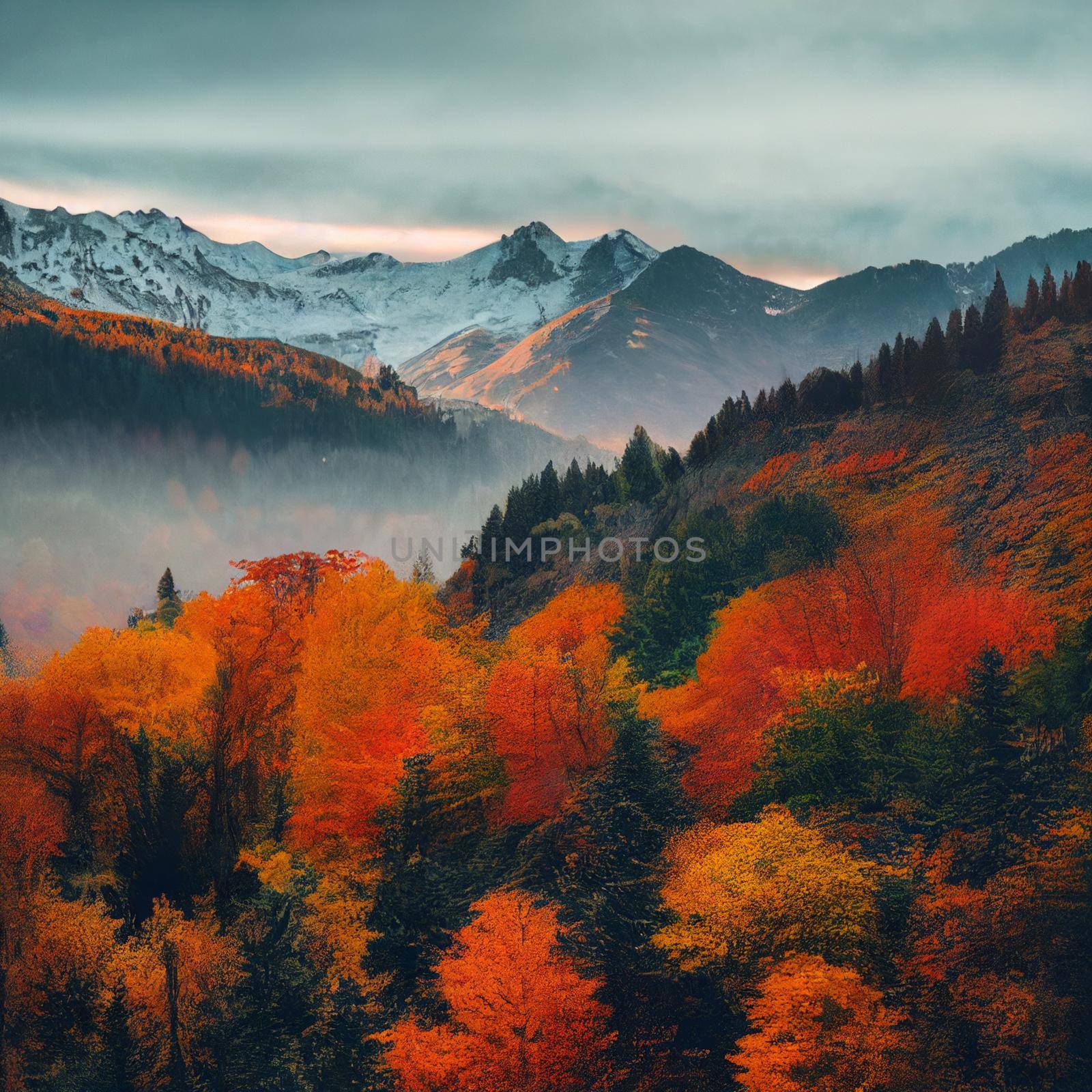 Illustration of a Autumn forest in the mountains