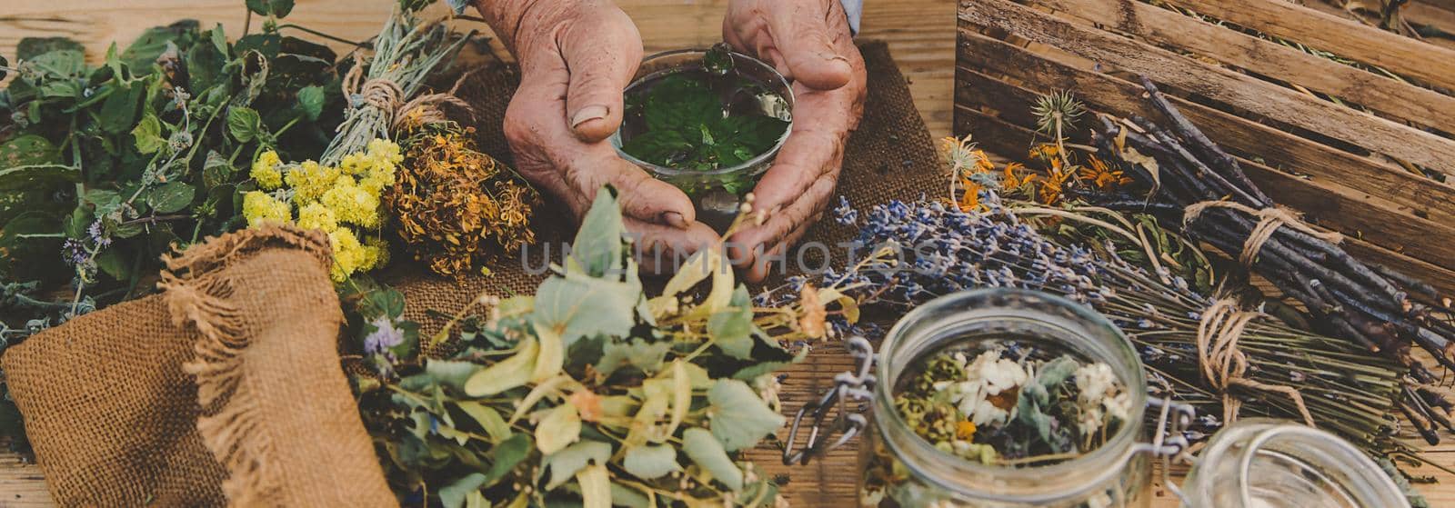 Grandmother makes tea with medicinal herbs. Selective focus. by yanadjana