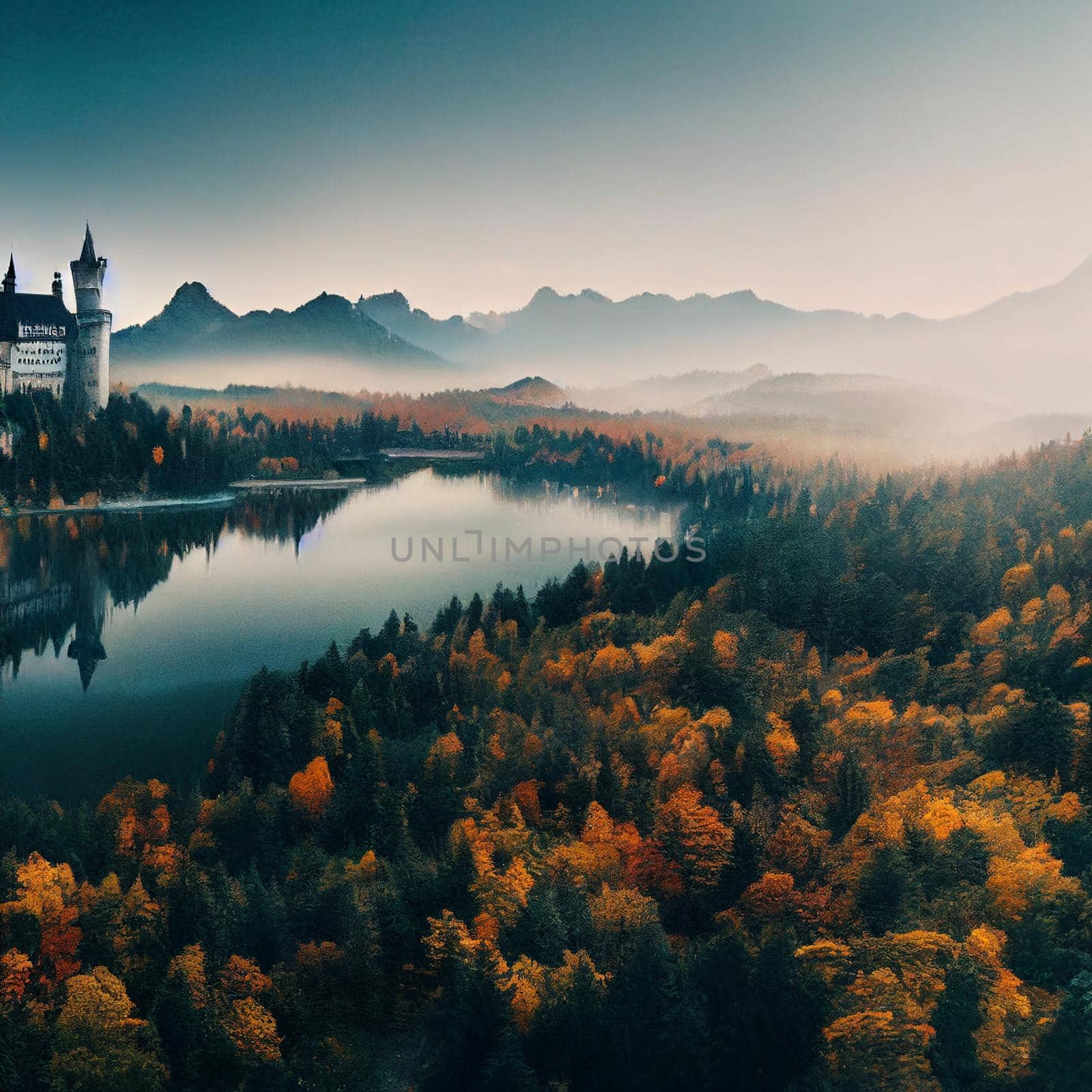 Illustration of a A valley with a castle and a lake in the autumn forest
