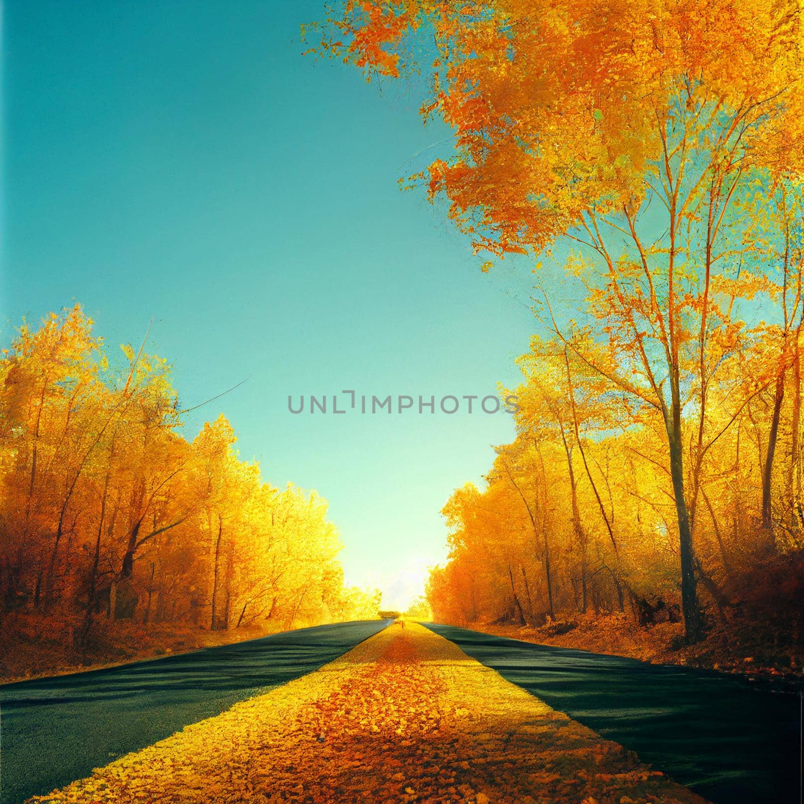 Illustration of a A track strewn with fallen leaves