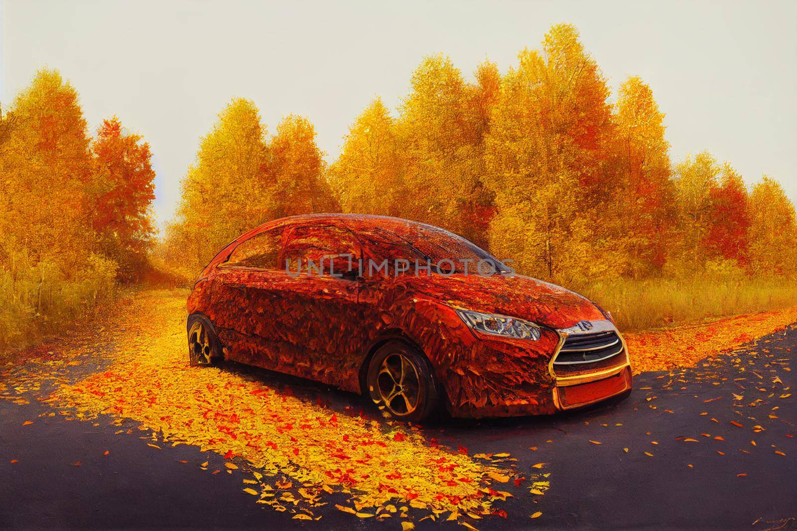 Illustration of a A car driving along a road strewn with autumn foliage