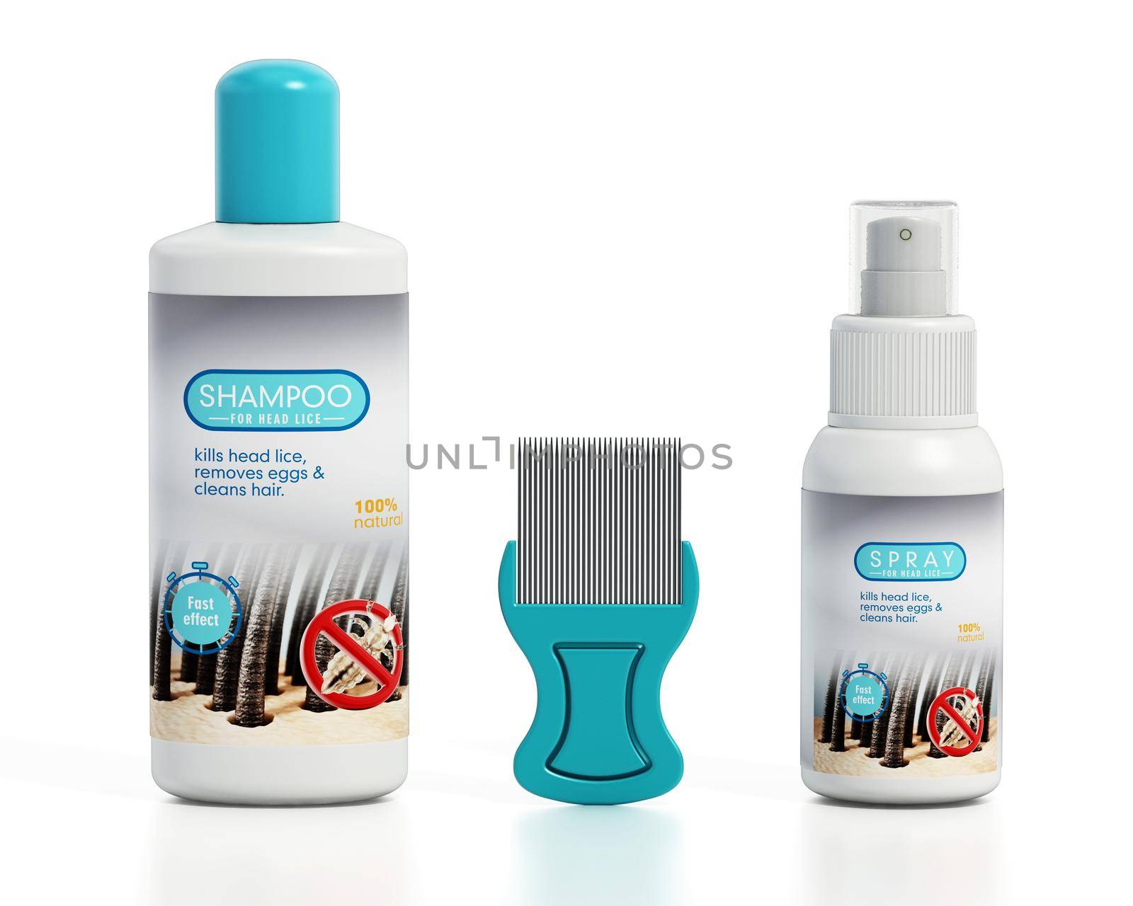 Hair lice shampoo, spray and metal lice comb isolated on white background. 3D illustration by Simsek