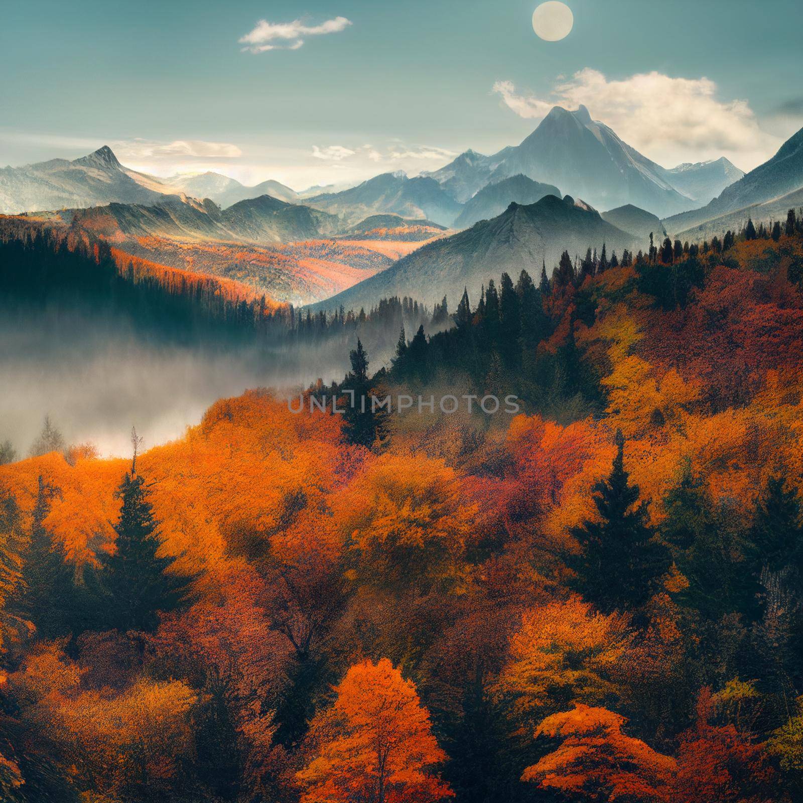 Illustration of a Autumn forest in the mountains