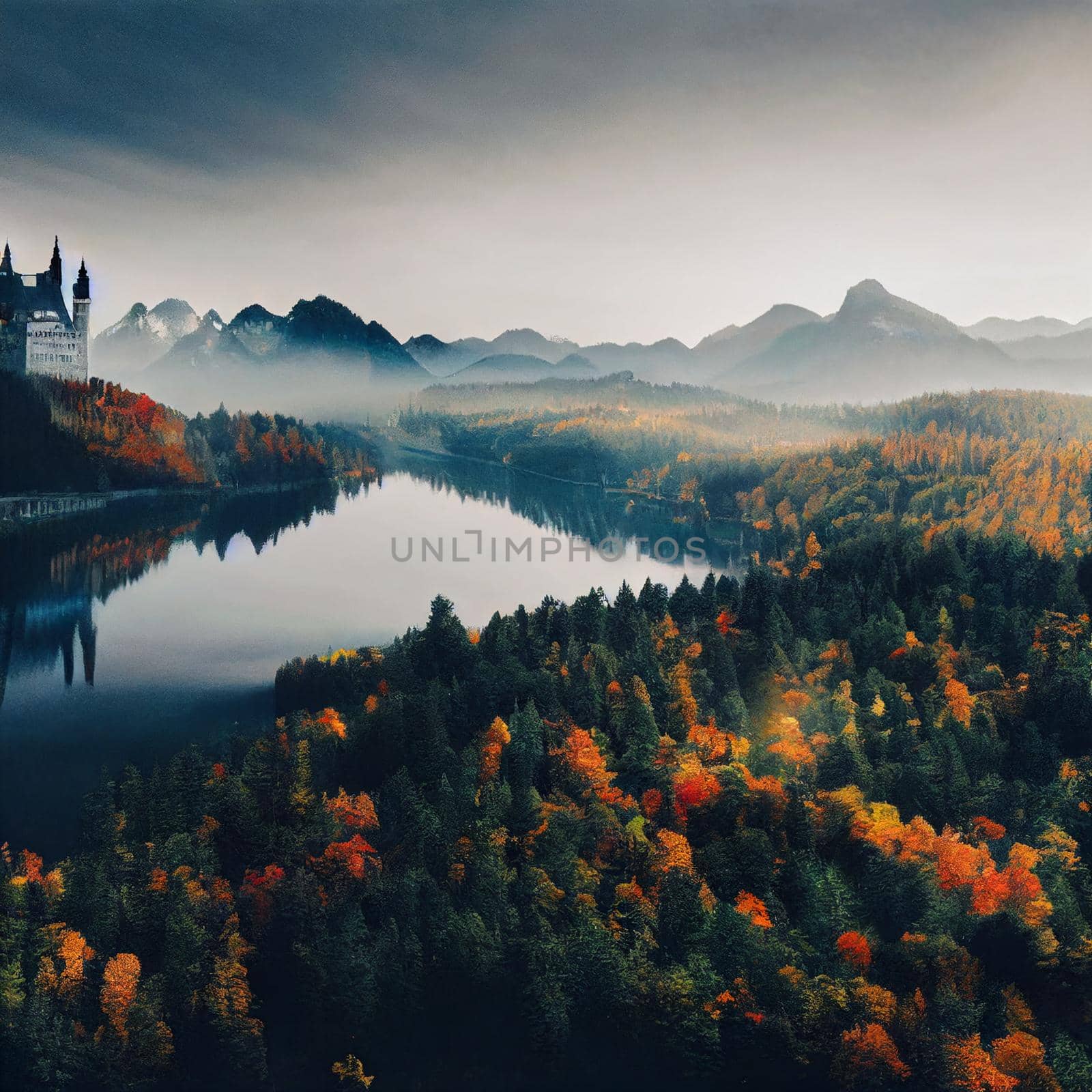 Illustration of a A valley with a castle and a lake in the autumn forest