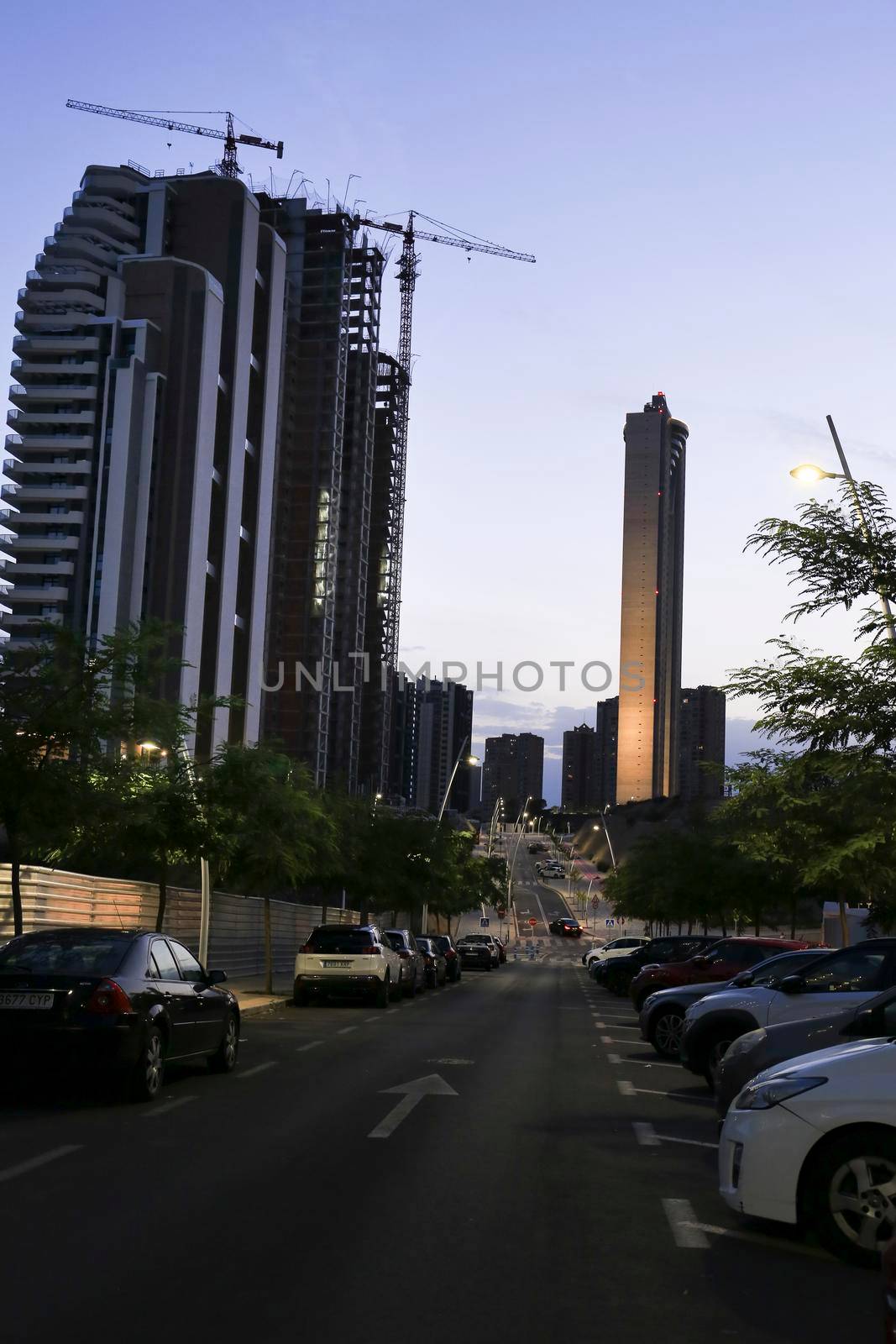 Benidorm, Alicante, Spain- September 11, 2022: Modern architecture building called Sunset Cliffs under construction in the Poniente Beach Area in Benidorm