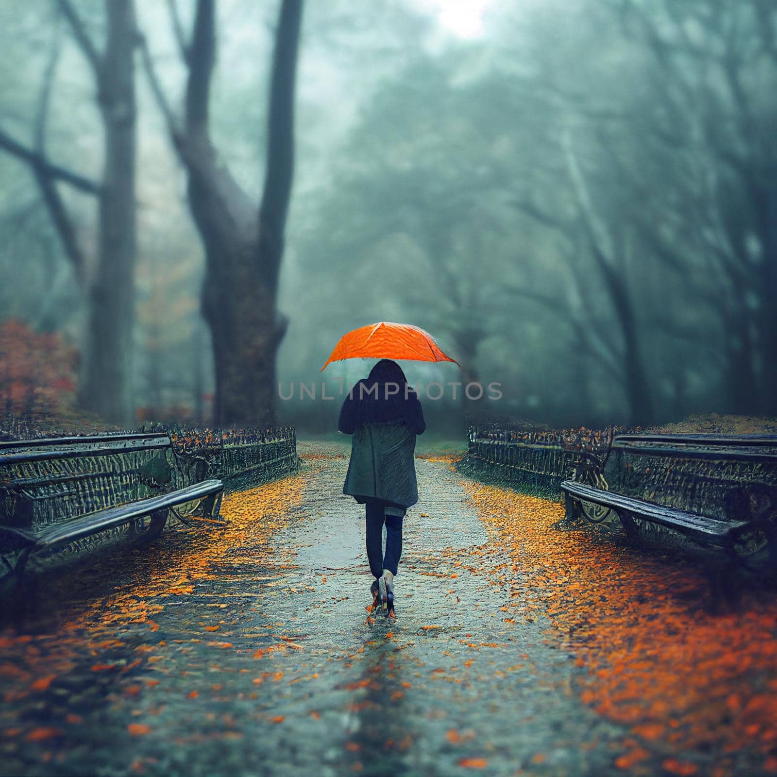 Gloomy autumn forest with fallen leaves by NeuroSky