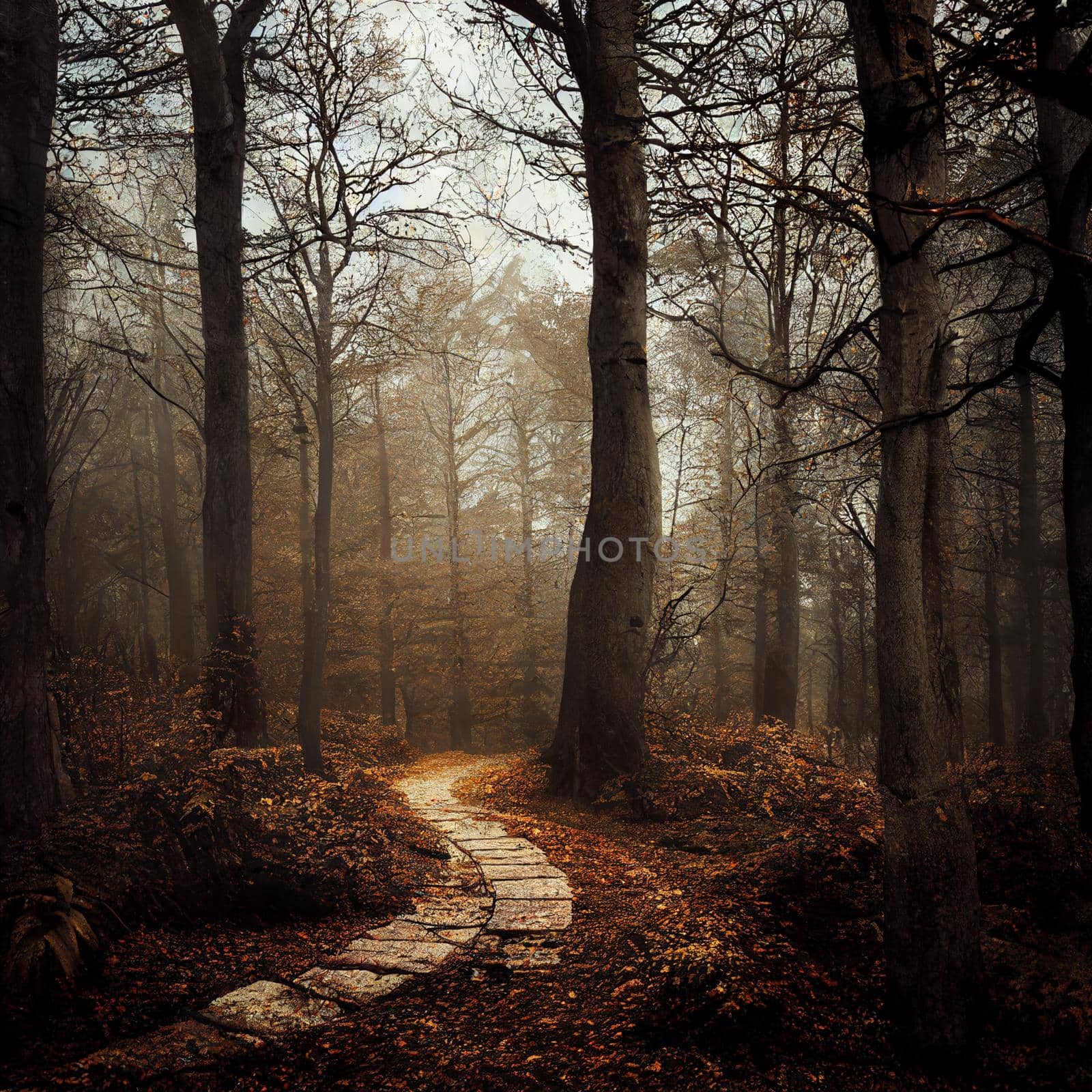 Illustration of a Gloomy autumn forest with fallen leaves