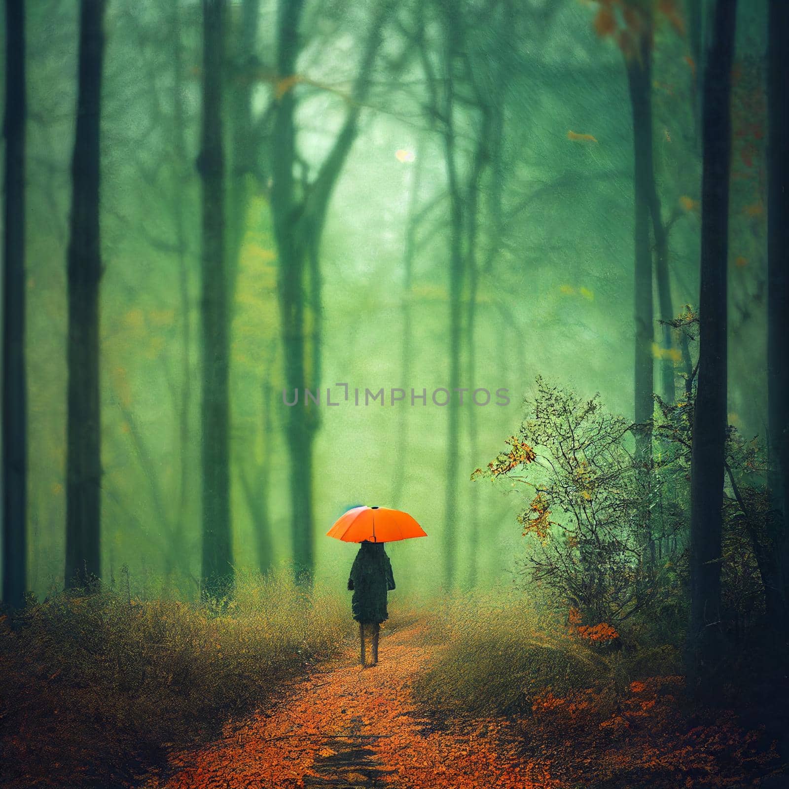 Gloomy autumn forest with fallen leaves by NeuroSky