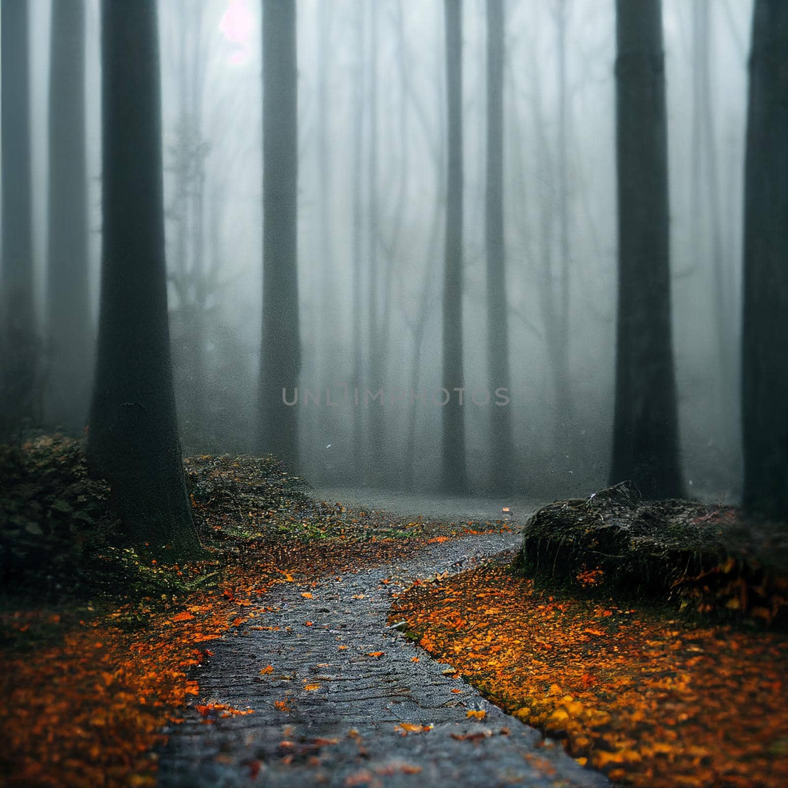 Illustration of a Gloomy autumn forest with fallen leaves