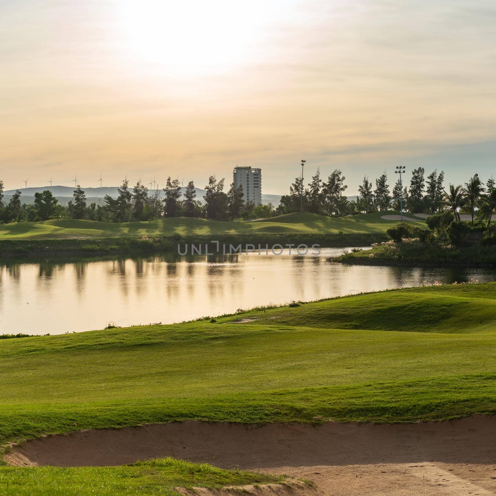 BANNER Orange red dawn sun sky golf pond water reflection hills green fabulous background wallpaper.
