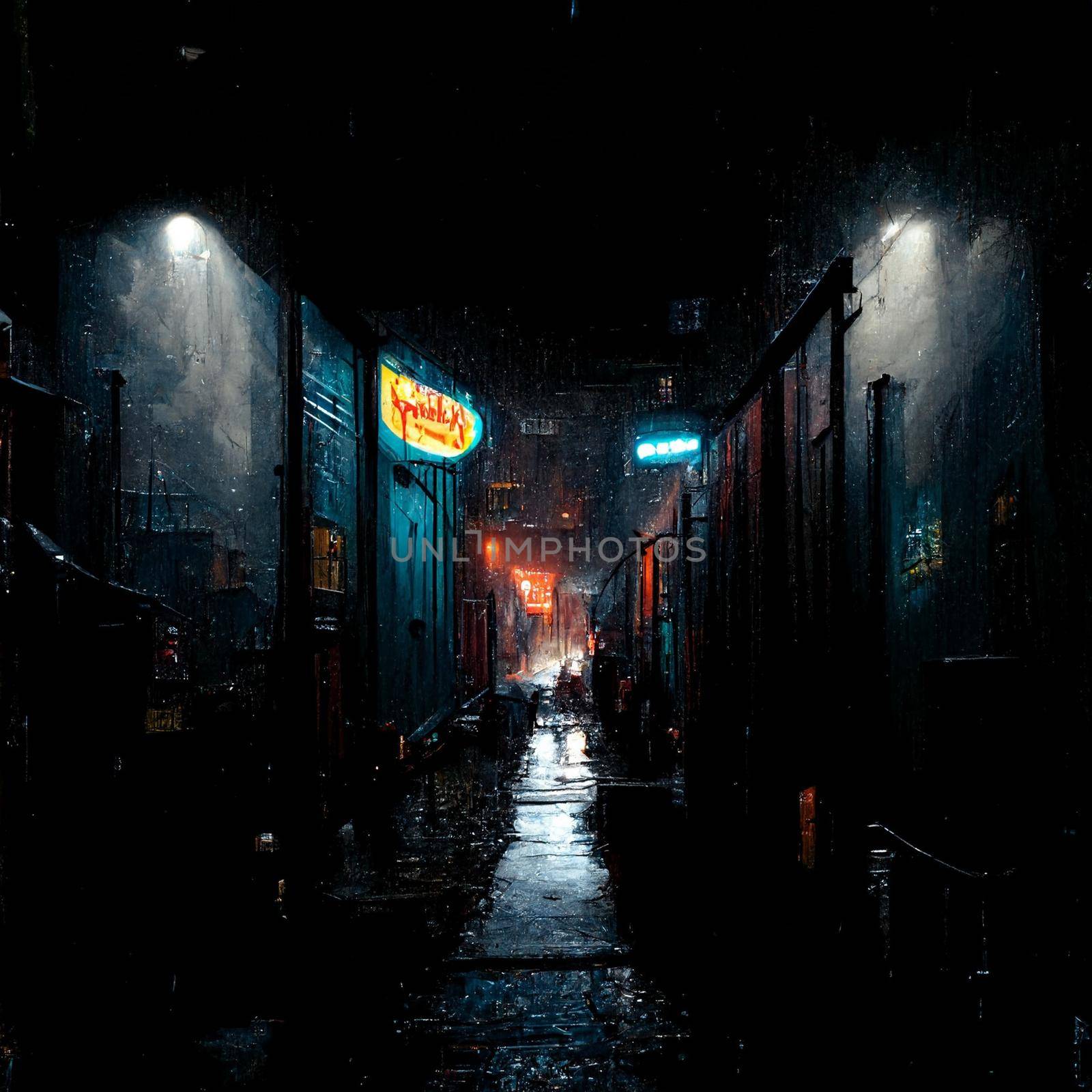 gloomy alley with neon lighting at night , night street
