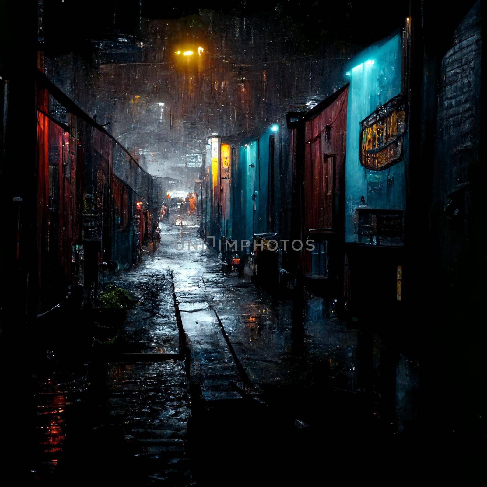 gloomy alley with neon lighting at night , night street