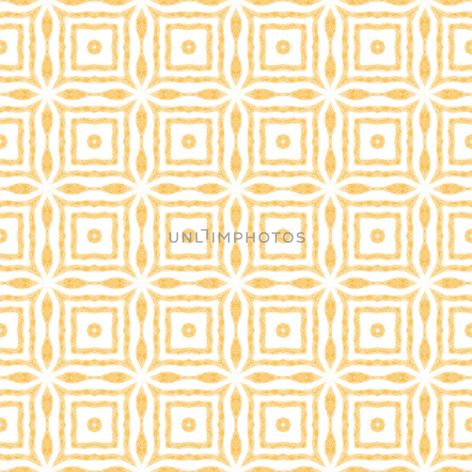 Exotic seamless pattern. Yellow symmetrical kaleidoscope background. Summer swimwear exotic seamless design. Textile ready nice print, swimwear fabric, wallpaper, wrapping.