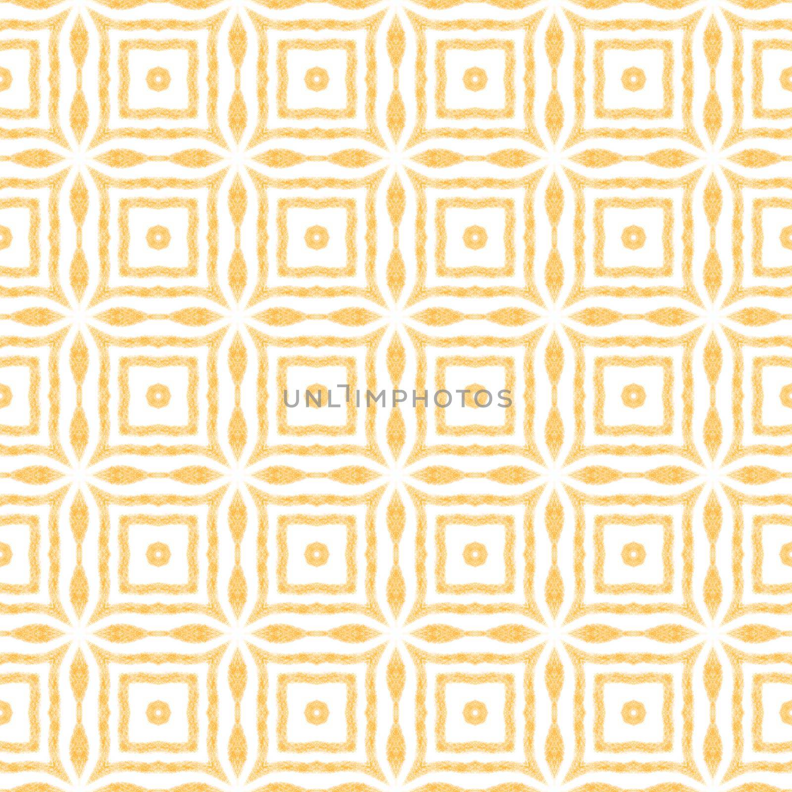 Exotic seamless pattern. Yellow symmetrical kaleidoscope background. Summer swimwear exotic seamless design. Textile ready nice print, swimwear fabric, wallpaper, wrapping.