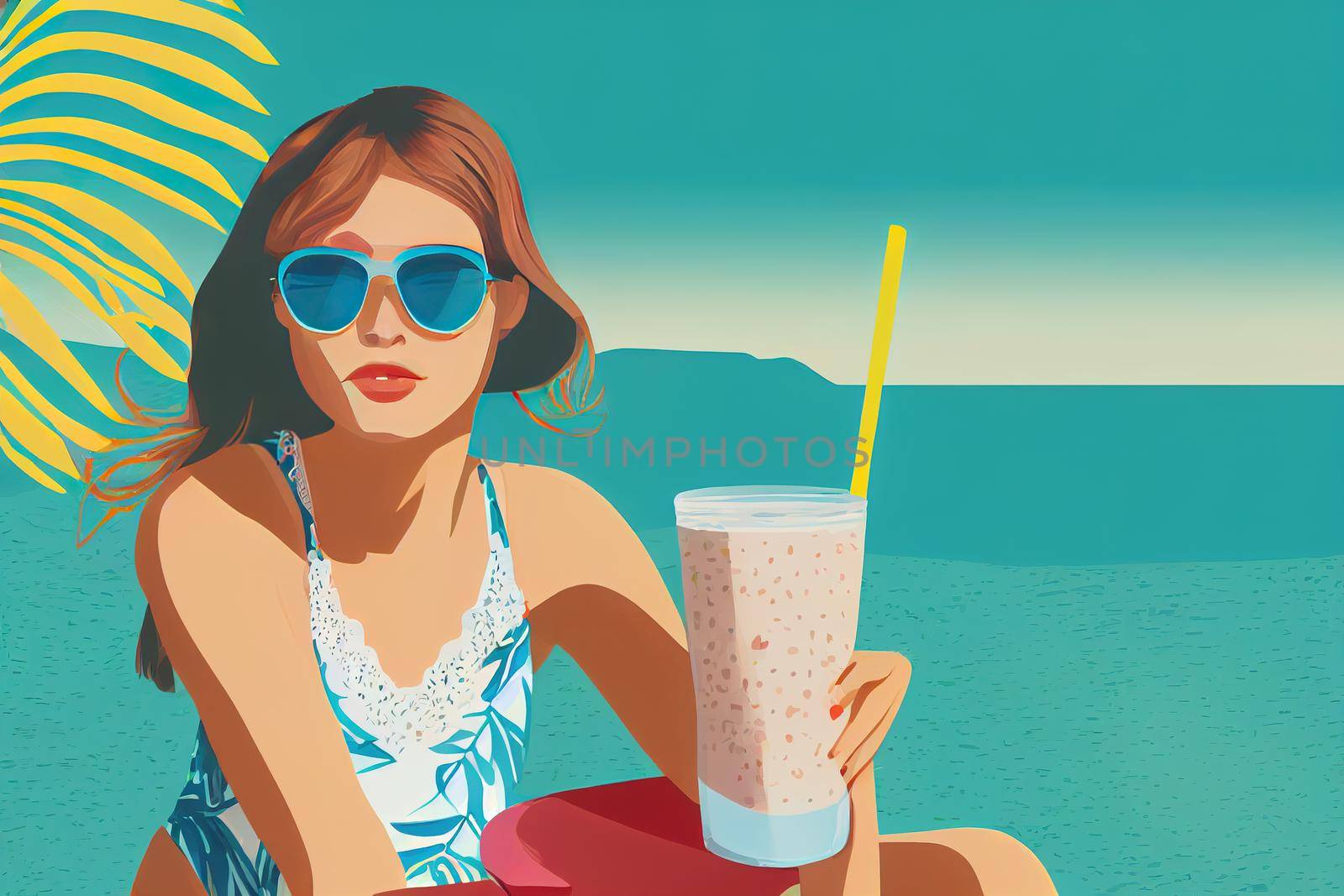 flat illustration of a girl with a milkshake spending her summer vacation at a resort. Young woman wearing sunglasses and a swimsuit with tropical leaves behind