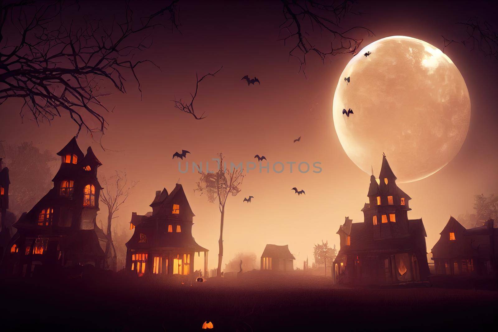 scary halloween houses with full moon and flying bats by 2ragon