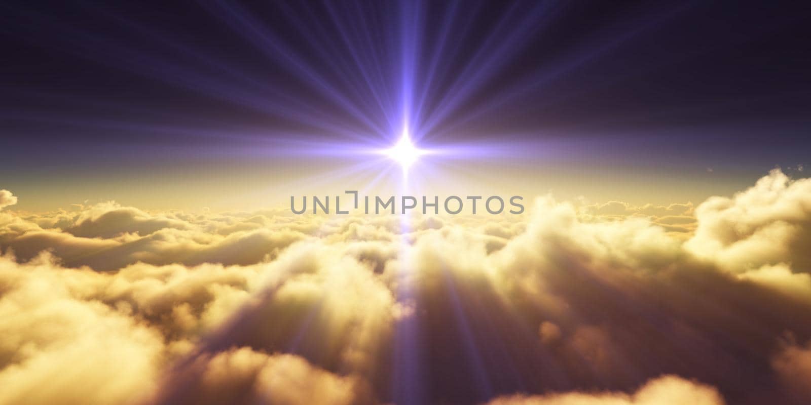 above clouds sunrise sun ray illustration, 3d rendering