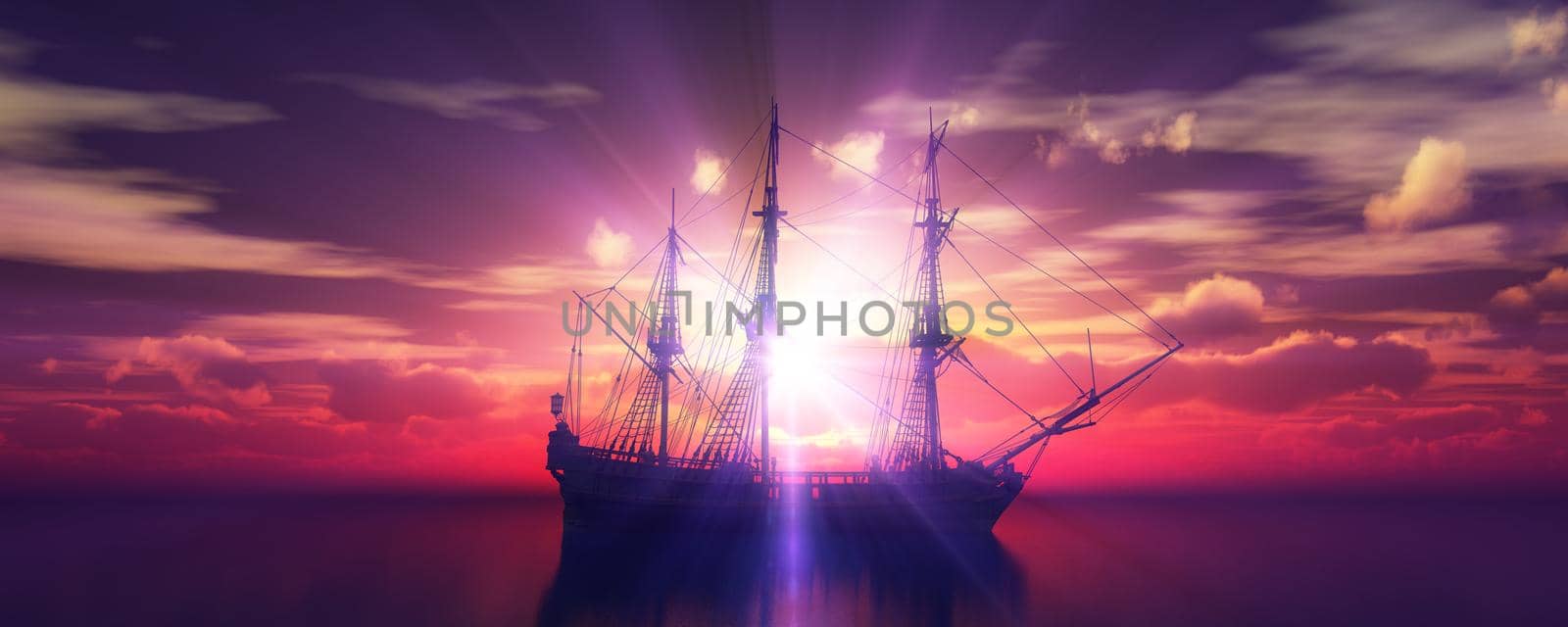 old ship sunset at sea 3d rendering by alex_nako