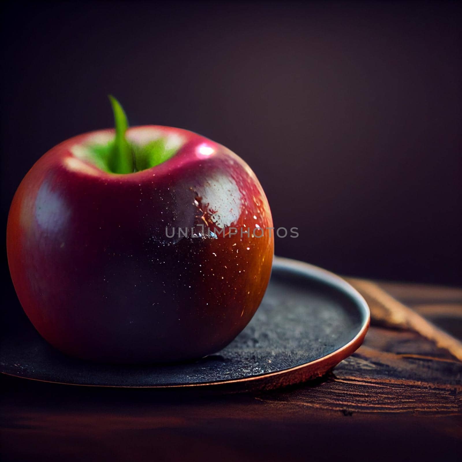 Photorealistic illustration of an apple on a plate on a dark background. High quality illustration