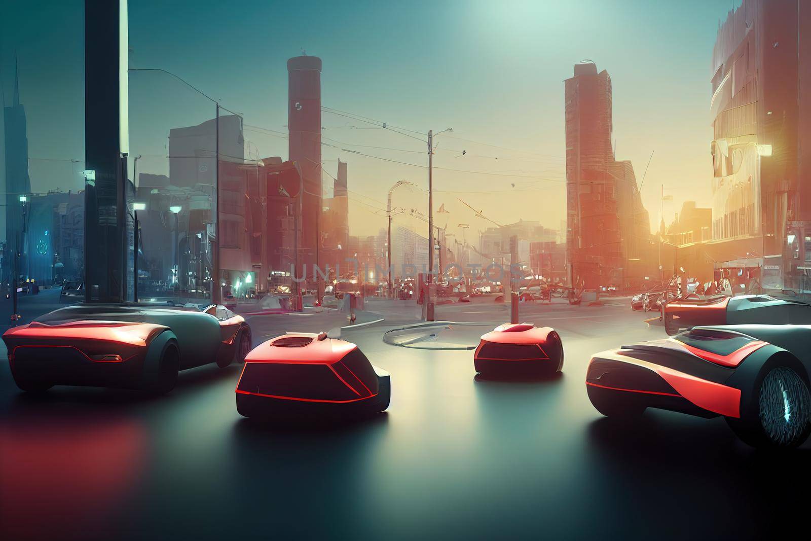 red futuristic delivery cars in future city. High quality 3d illustration