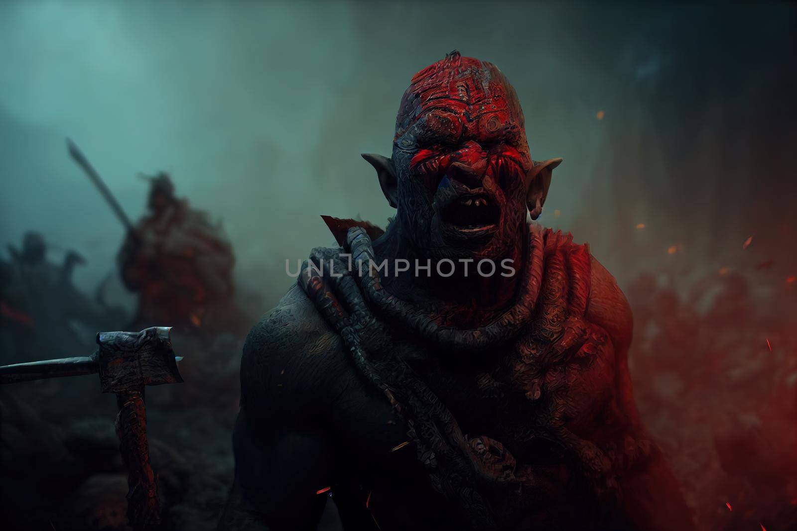 realistic orc character screaming in war. High quality 3d illustration