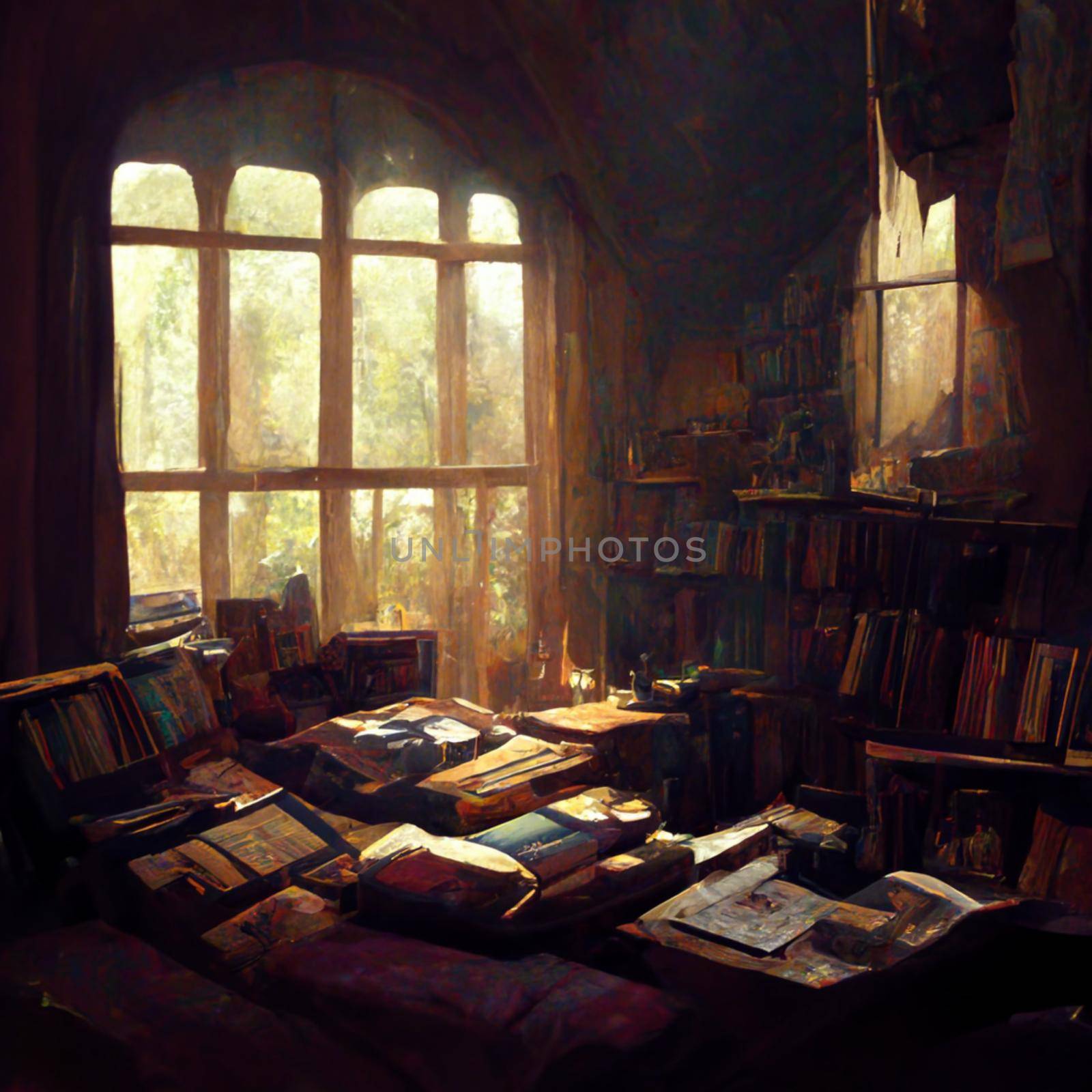 Old books in the library, lighting on a dark setting , night life.
