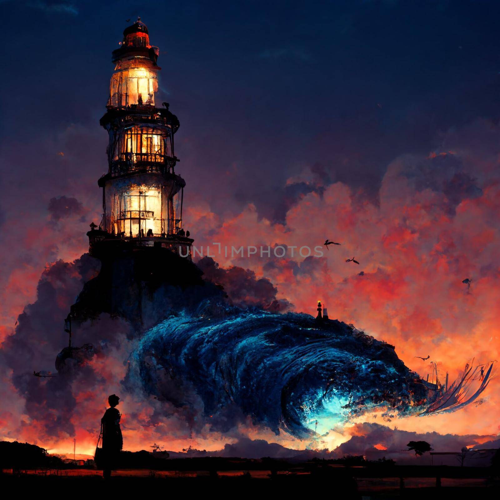 Abstract illustration of a lighthouse at sunset. evening