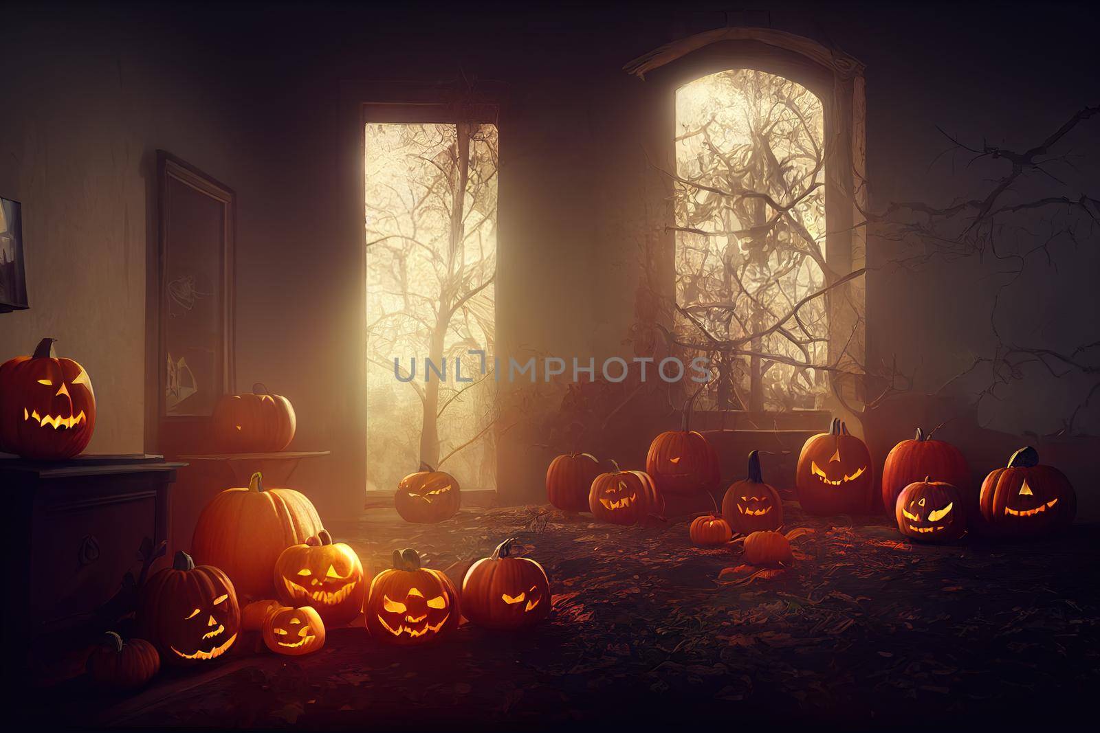 Halloween pumpkins in abandoned house interior. High quality 3d illustration